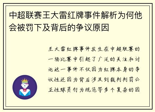 中超联赛王大雷红牌事件解析为何他会被罚下及背后的争议原因