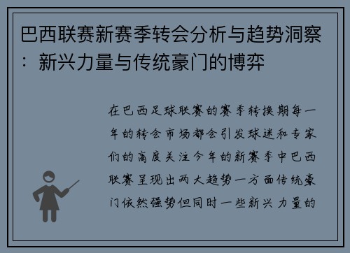 巴西联赛新赛季转会分析与趋势洞察：新兴力量与传统豪门的博弈